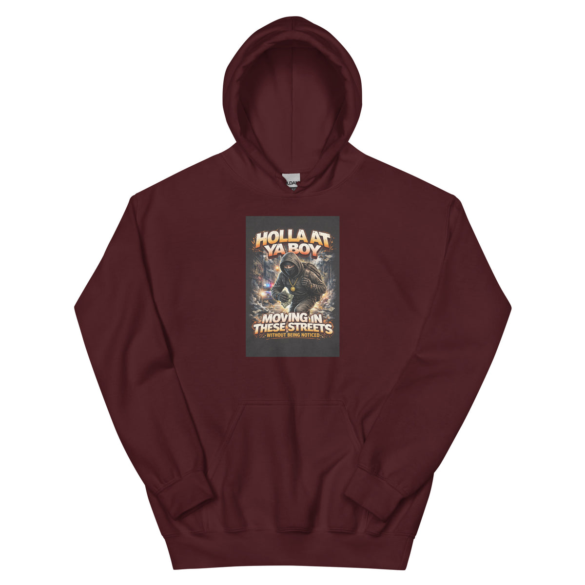Maroon pullover hoodie with front graphic print and kangaroo pocket