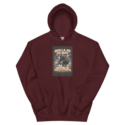 Maroon pullover hoodie with front graphic print and kangaroo pocket