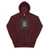 Maroon pullover hoodie with front square logo graphic and hood drawstring.