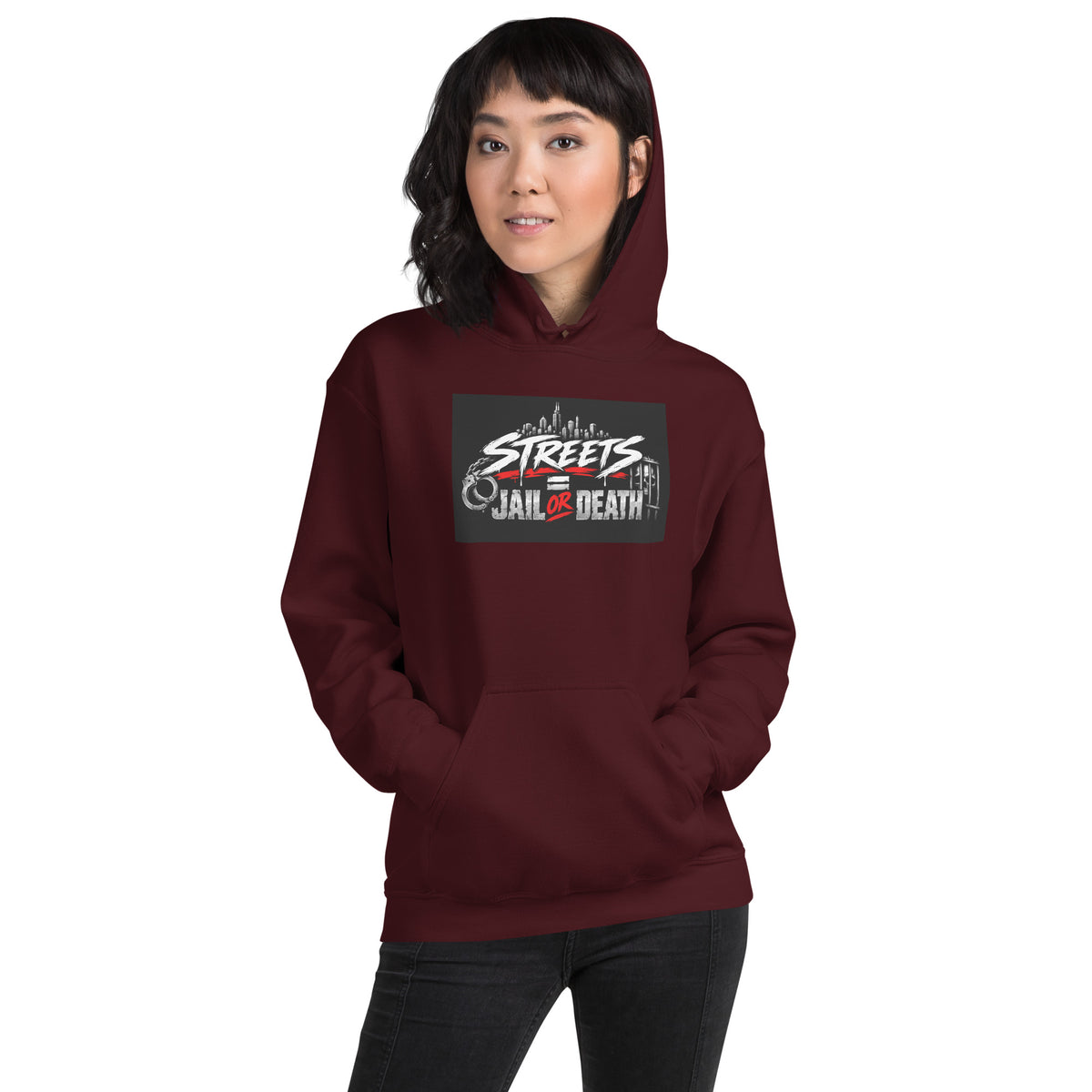 Maroon unisex hoodie with front hood and centered Streets graphic print