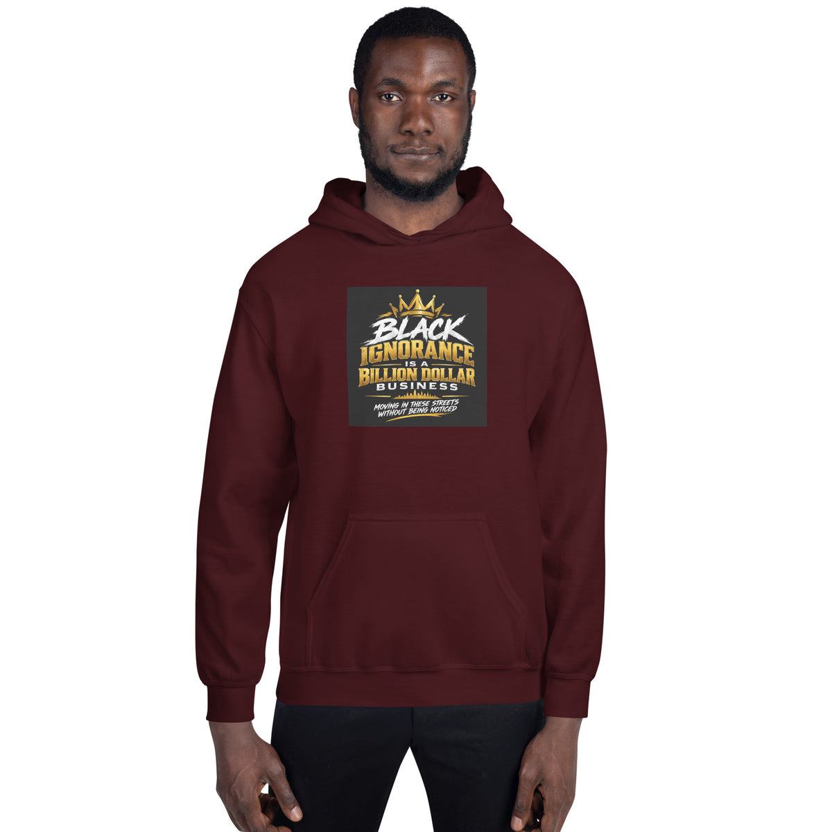Maroon unisex pullover hoodie with front graphic print and pouch pocket