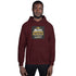 Maroon unisex pullover hoodie with front graphic print and pouch pocket