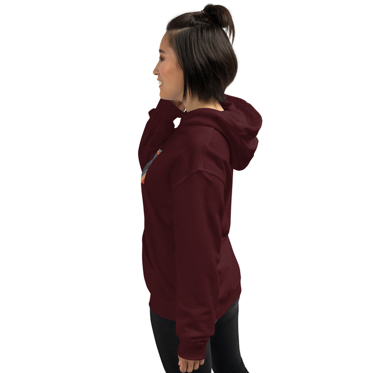 Unisex maroon pullover hoodie with hood, front pouch pocket, and side profile