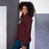 Unisex pullover hoodie, maroon, hooded with front pocket and white hand graphic