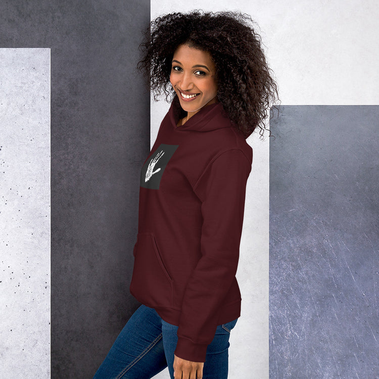 Unisex pullover hoodie, maroon, hooded with front pocket and white hand graphic