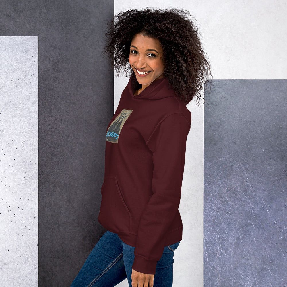 Unisex maroon hoodie with “Ice Agents” graphic patch on the left sleeve