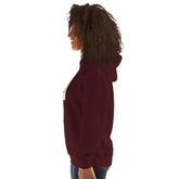 Maroon unisex hoodie side view with hood, sleeve detail, and kangaroo pocket
