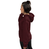 Unisex maroon hoodie with hood, side/back view, kangaroo pocket