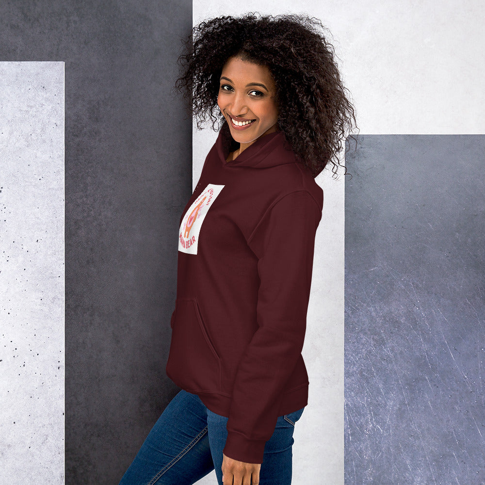 Maroon unisex hoodie with front graphic, pullover hood and kangaroo pocket