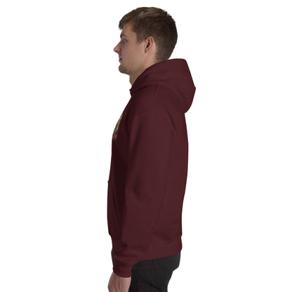 Maroon unisex hoodie shown in side view with front graphic detail