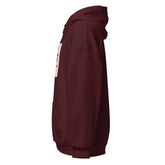 Maroon pullover hoodie with hood and kangaroo pocket, side view