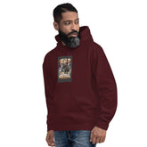 Unisex maroon hoodie with hood, front kangaroo pocket, and chest graphic print