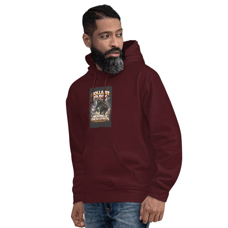 Unisex maroon hoodie with hood, front kangaroo pocket, and chest graphic print