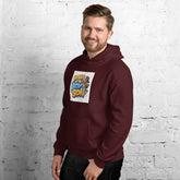 Maroon unisex hoodie with hood, front pouch pocket, and chest graphic print.