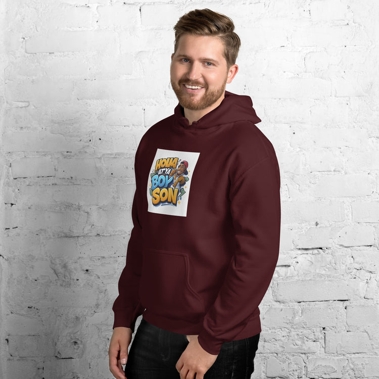 Maroon unisex hoodie with hood, front pouch pocket, and chest graphic print.
