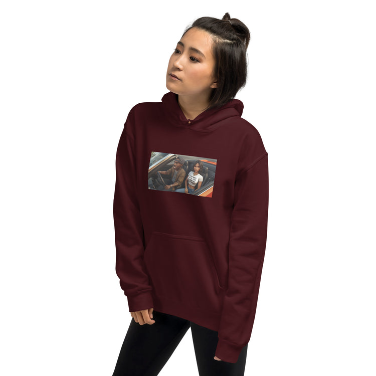 Unisex maroon pullover hoodie with hood and front pouch pocket, chest photo graphic