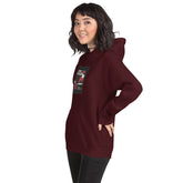 Unisex pullover hoodie, dark maroon, front graphic and kangaroo pocket