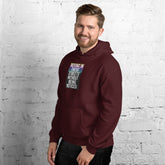 Unisex maroon pullover hoodie with hood and front graphic, kangaroo pocket