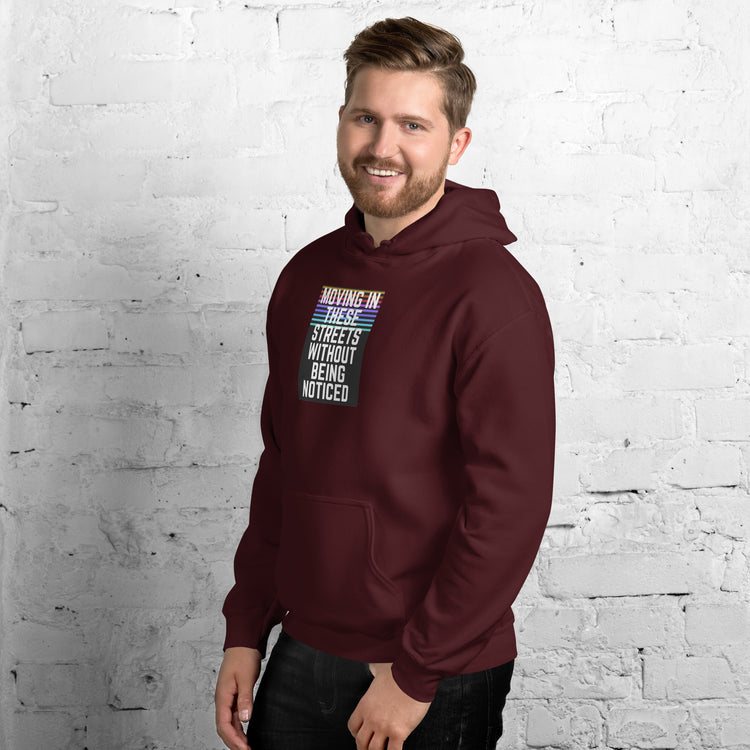 Unisex maroon pullover hoodie with hood and front graphic, kangaroo pocket
