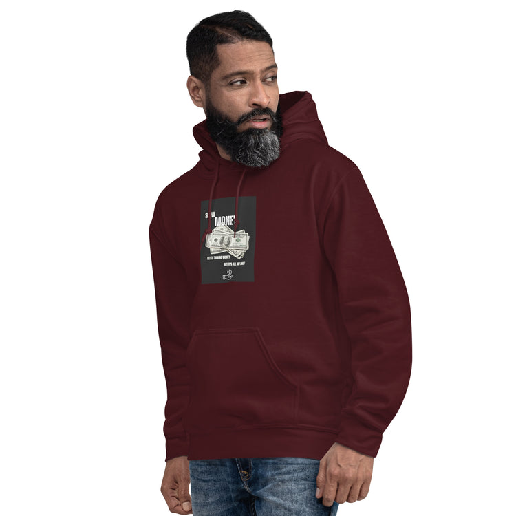Unisex pullover hoodie in maroon with hood, front pocket, and chest graphic print.