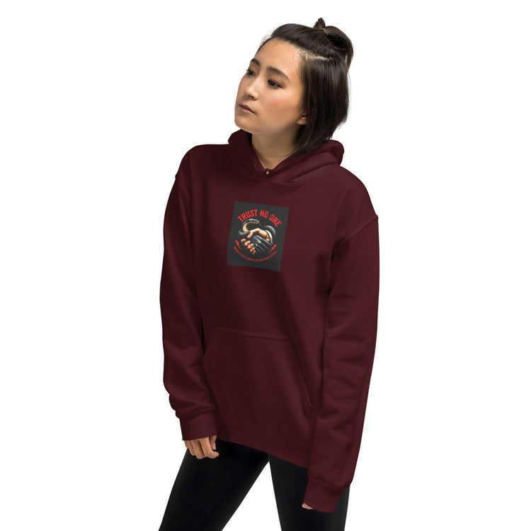 Unisex maroon hoodie with hood, kangaroo pocket, and chest graphic print