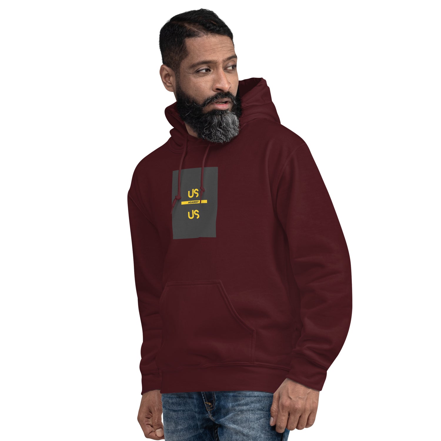Maroon unisex hoodie with front graphic print, pullover hood and kangaroo pocket