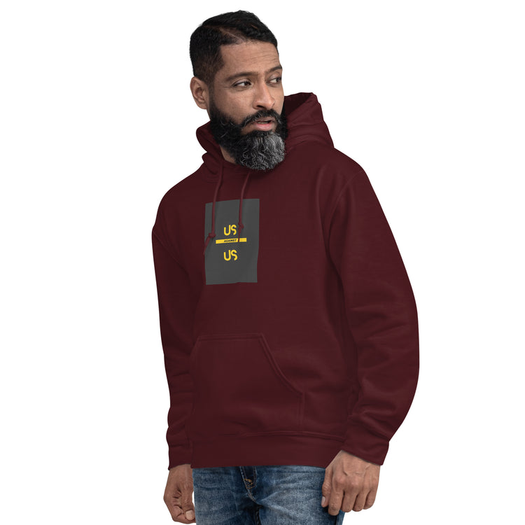 Maroon unisex hoodie with hood, front pouch pocket, and small chest graphic patch.