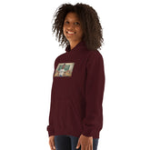 Maroon unisex hoodie with hood and chest graphic print, front view