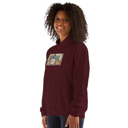 Maroon unisex hoodie with hood and chest graphic print, front view