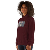 Maroon pullover hoodie with hood and chest photo-style graphic.