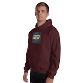 Unisex maroon hoodie front view with chest graphic and kangaroo pocket.