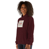 Maroon unisex hoodie front view with hood and chest logo patch