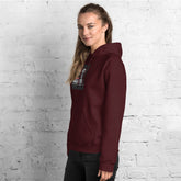 Unisex maroon hoodie with hood, front graphic, and kangaroo pocket