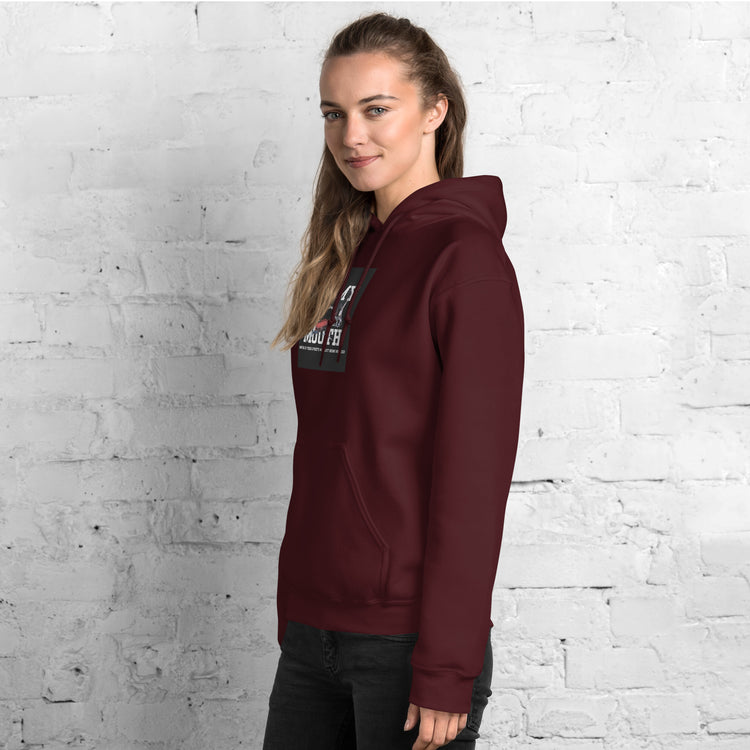 Unisex maroon hoodie with hood, front graphic, and kangaroo pocket