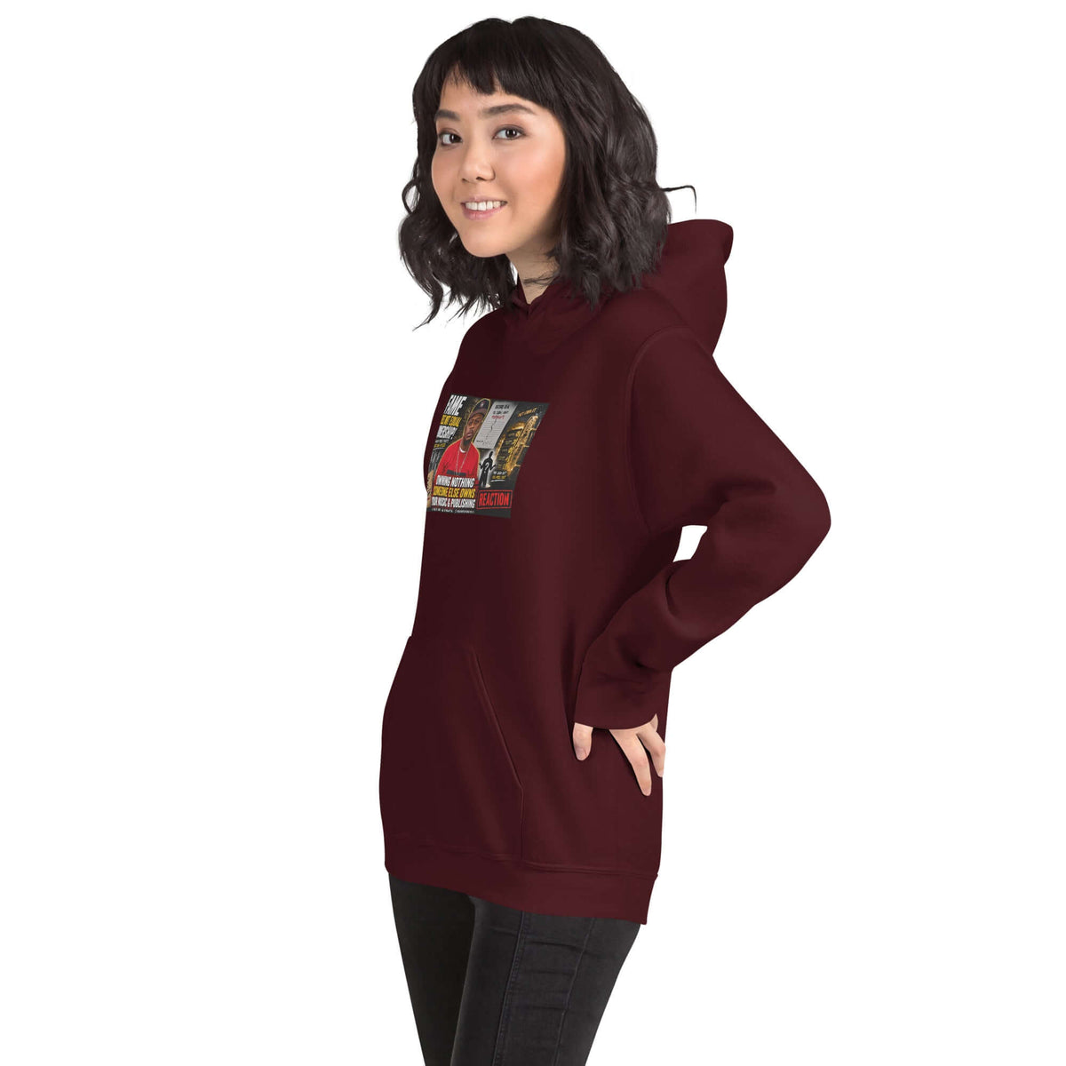 Maroon pullover hoodie with front graphic print, kangaroo pocket, and drawstring hood.