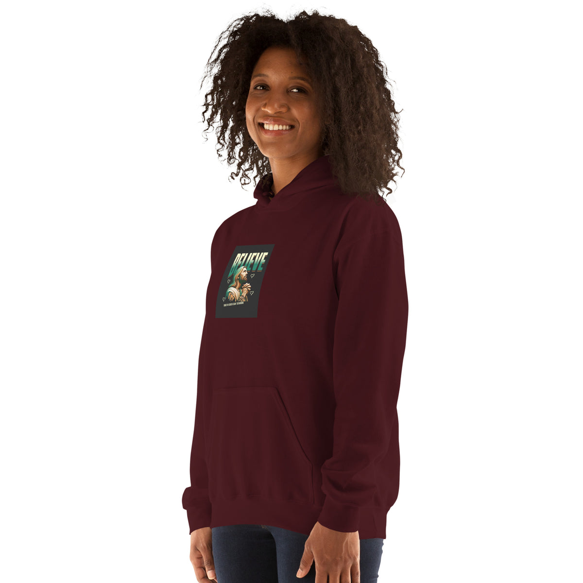 Maroon hoodie with printed chest graphic and hood, front quarter view