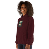 Maroon hoodie with printed chest graphic and hood, front quarter view