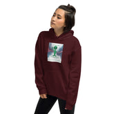 Maroon hoodie with hood, chest graphic print, and front kangaroo pocket