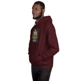 Maroon unisex hoodie with hood, drawstrings, kangaroo pocket, and front graphic patch.
