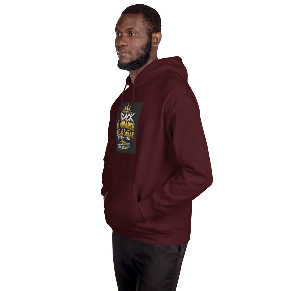 Maroon unisex hoodie with hood, drawstrings, kangaroo pocket, and front graphic patch.
