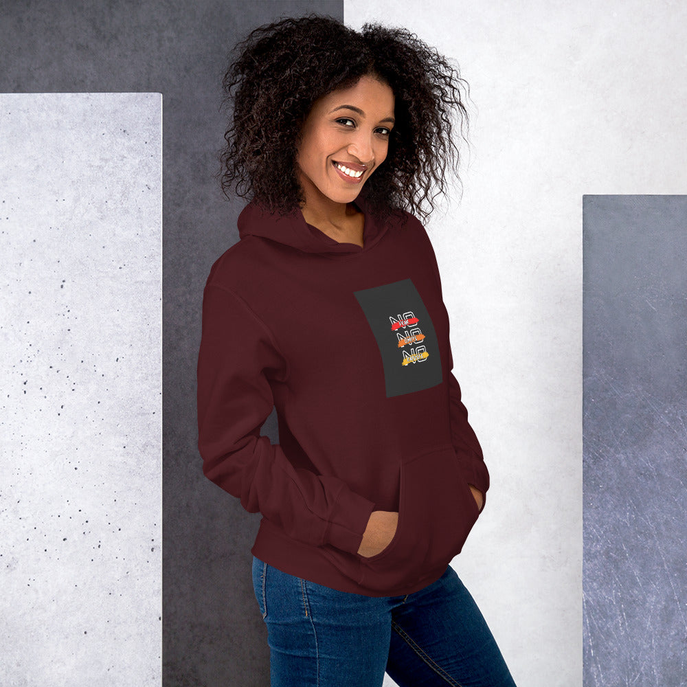 Burgundy unisex hoodie, front view: hood, kangaroo pocket and chest graphic