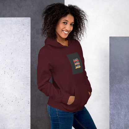 Burgundy unisex hoodie, front view: hood, kangaroo pocket and chest graphic