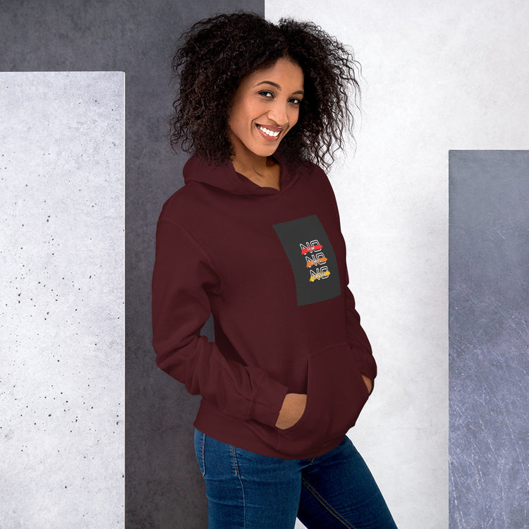 Unisex maroon pullover hoodie with hood, kangaroo pocket, and front graphic patch (front view)