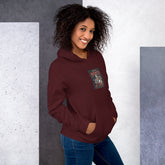 Unisex maroon pullover hoodie with chest graphic patch