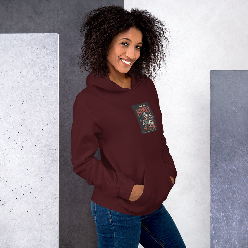 Maroon pullover hoodie with large front print and hood; relaxed unisex fit