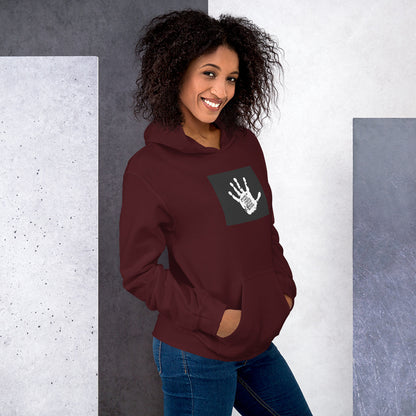 Moving In These Streets unisex hoodie, dunkelweinrot mit Handprint-Print auf der Brust