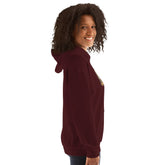 Maroon unisex hoodie, side profile with hood and sleeve cuffs