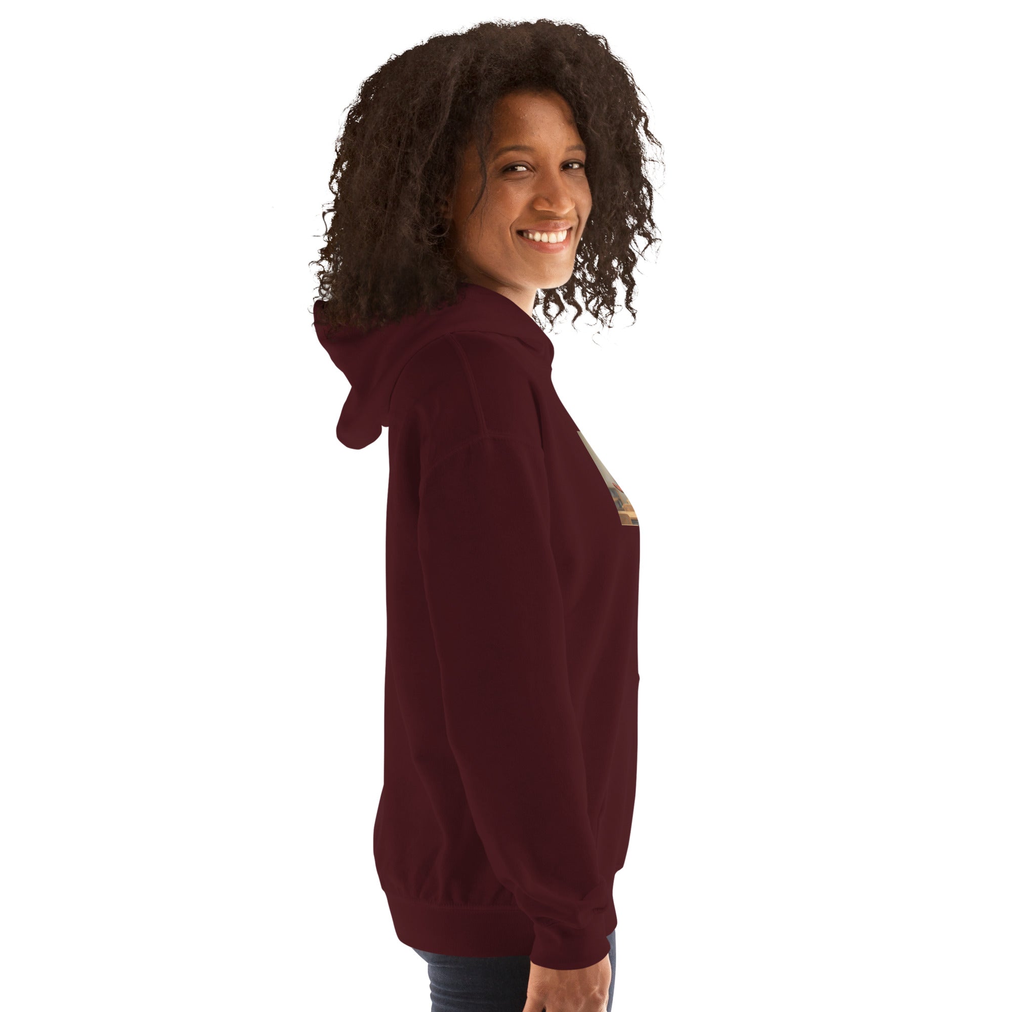 Maroon unisex hoodie, side profile with hood and sleeve cuffs