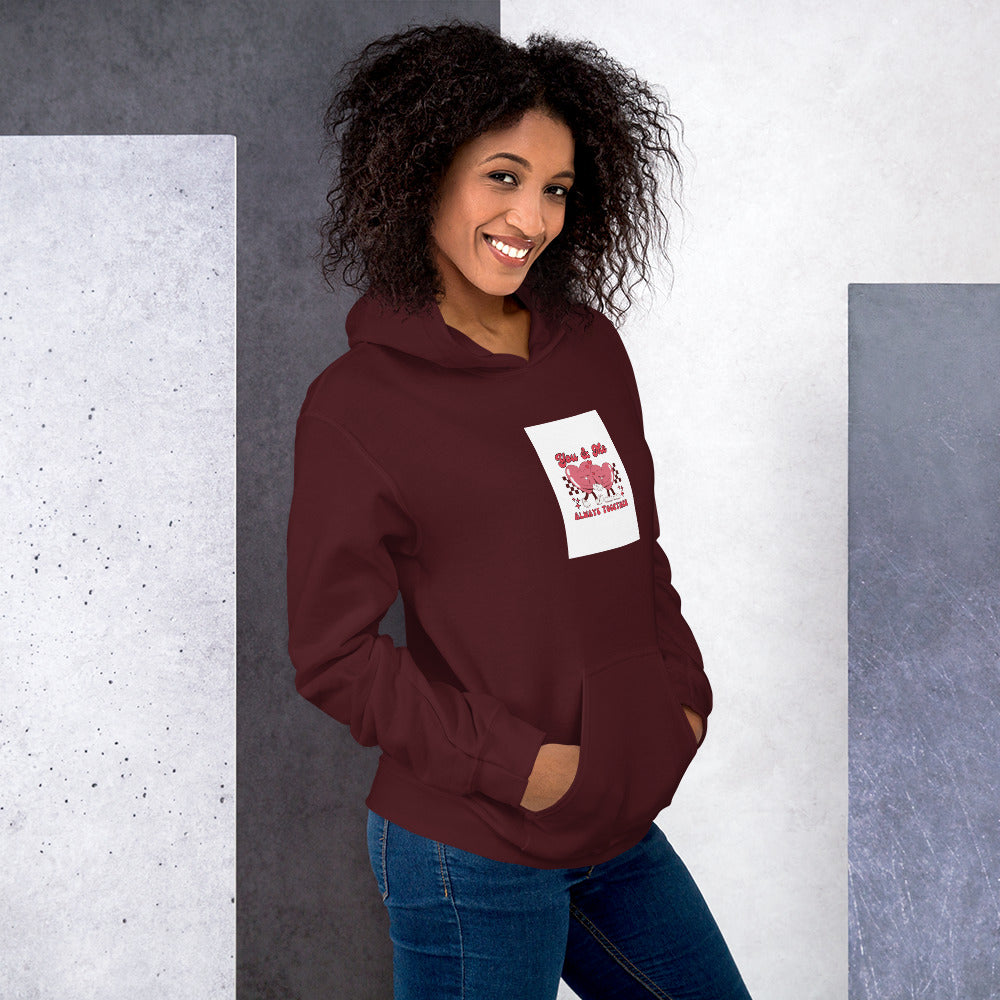 Maroon unisex hoodie with hood and kangaroo pocket, chest graphic patch