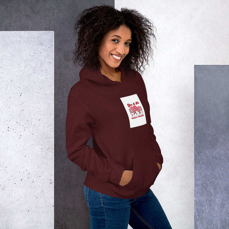 Maroon unisex hoodie with hood, front pocket, and square chest graphic patch